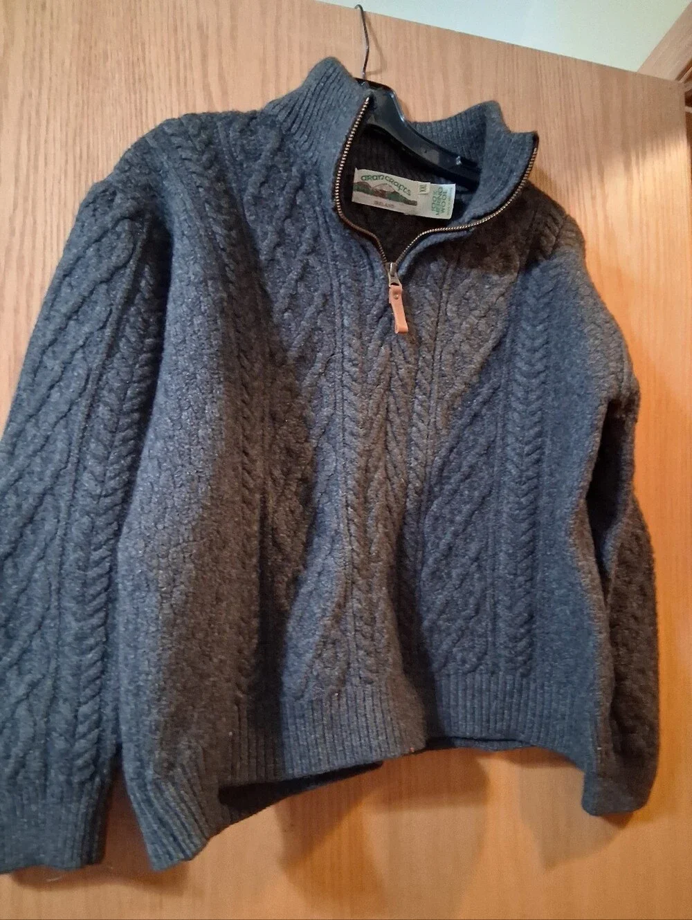 Aran crafts charcoal gray 100% merino wool quarter-zip sweater, Irish brand